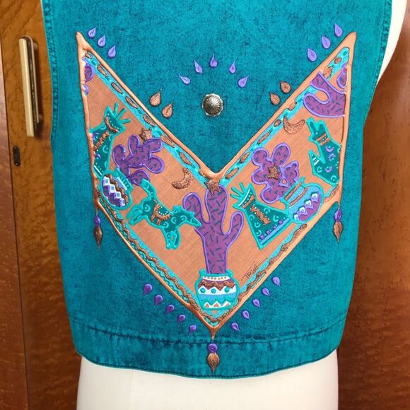 VINTAGE 80’s Acid Wash Southwestern Denim Vest S - Picture 6 of 14